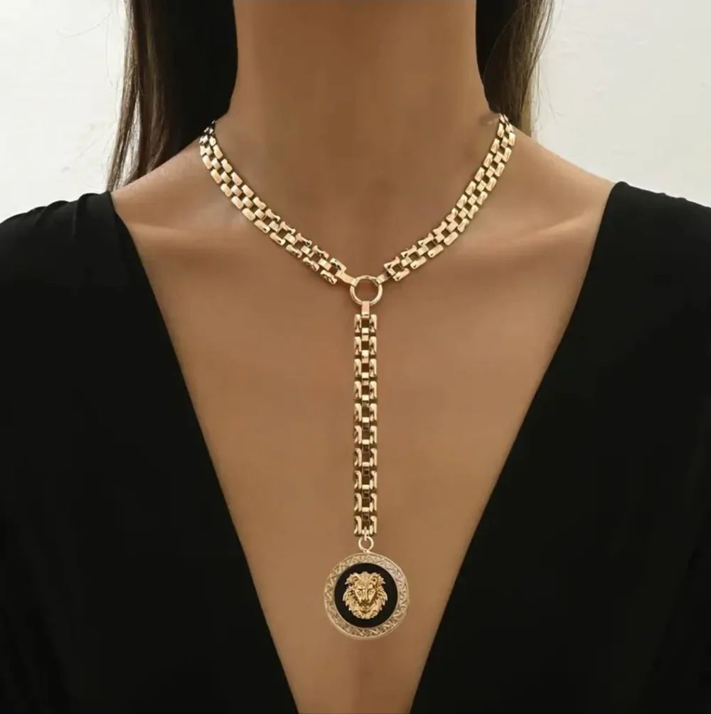 14K Gold Plated Designer Inspired Gold & Black Lion Head Pendant Lariat Necklace